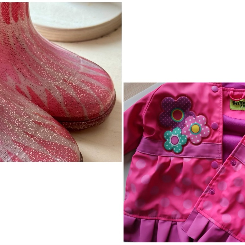 Set Western Chief Pink Glitter Rain Boots and Floral Raincoat Set
